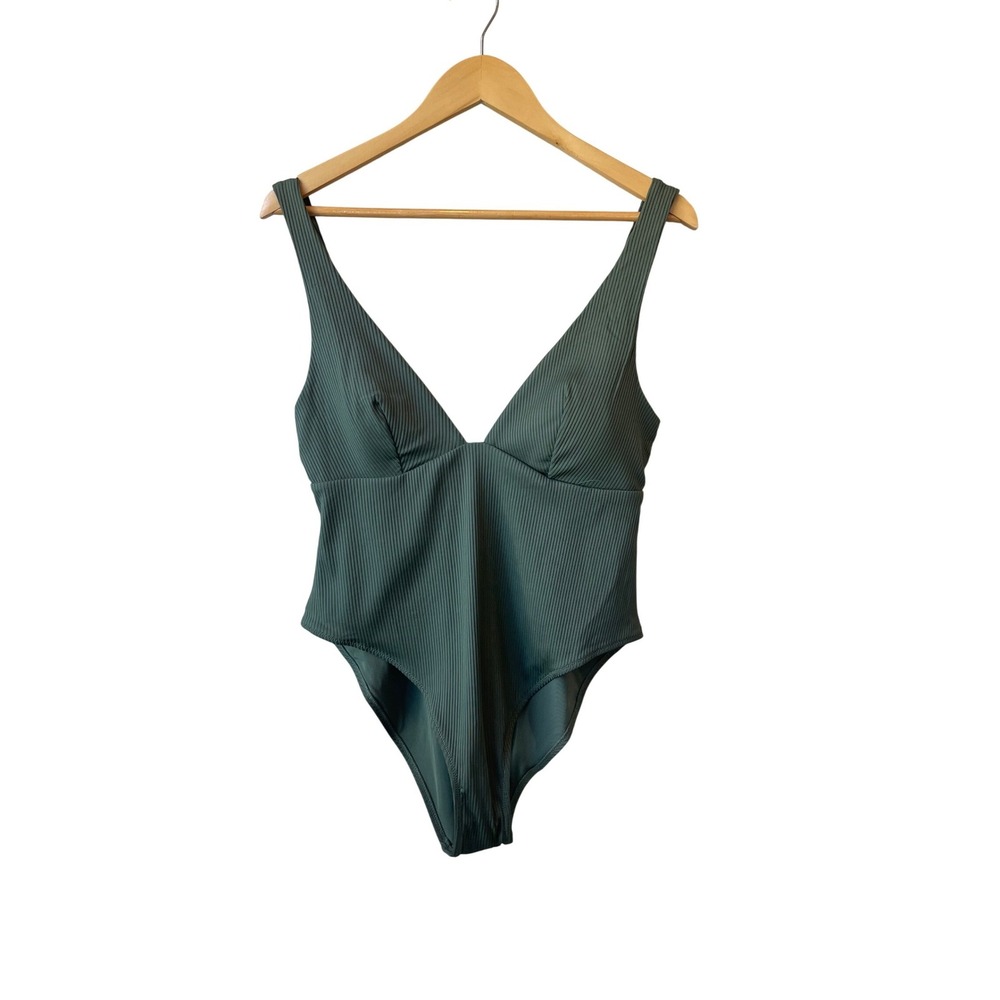 H&M Ribbed Deep V‎ Neck One Piece Swimsuit Siz L NWT Green High Cut Bathing Suit